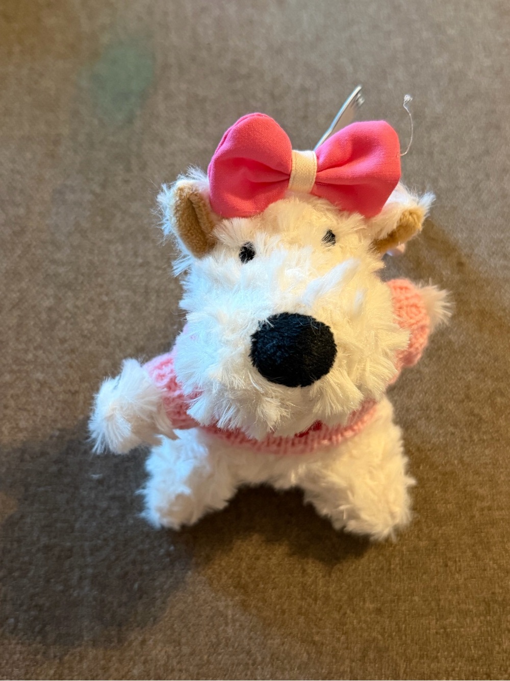 Simply Southern bag charm. White Plush Dog with Pink Bow and Pink Sweater